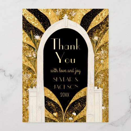 Black  Gold Art Deco Archway Wedding Thank You Foil Invitation Postcard