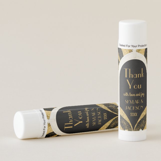 Black & Gold Art Deco Archway Wedding Thank You Lip Balm (Front)