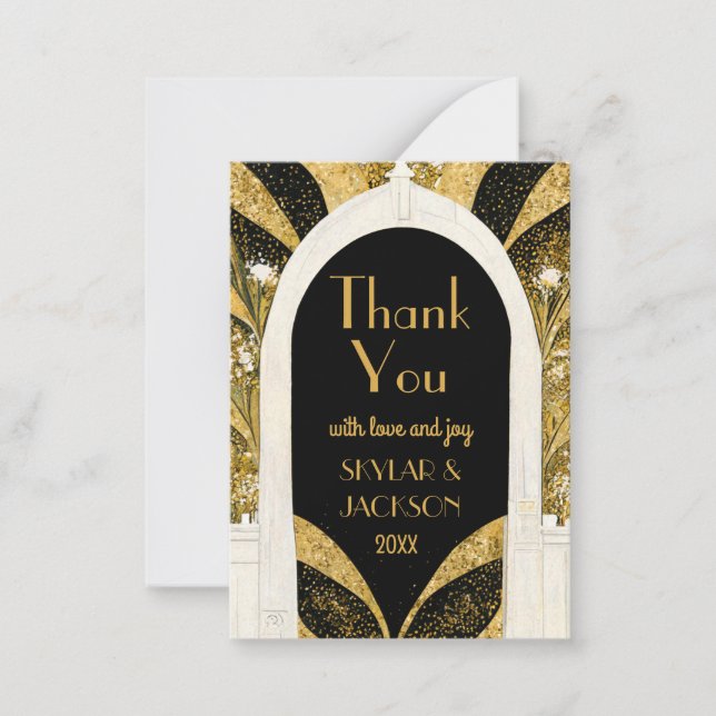 Black & Gold Art Deco Archway Wedding Thank You Note Card (Front)
