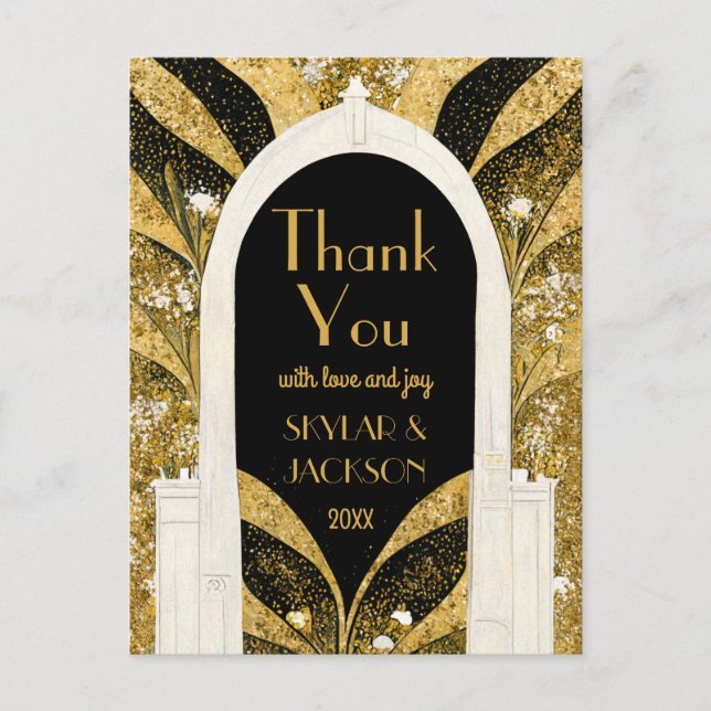 Black & Gold Art Deco Archway Wedding Thank You Postcard (Front)