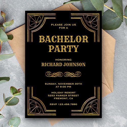 Black Gold Art Deco Bachelor Party Invitation