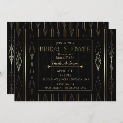Black  Gold Art Deco Bridal Shower Invitation