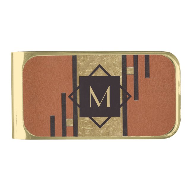 Black & Gold Art Deco Custom Monogram Gold Finish Money Clip (Front)