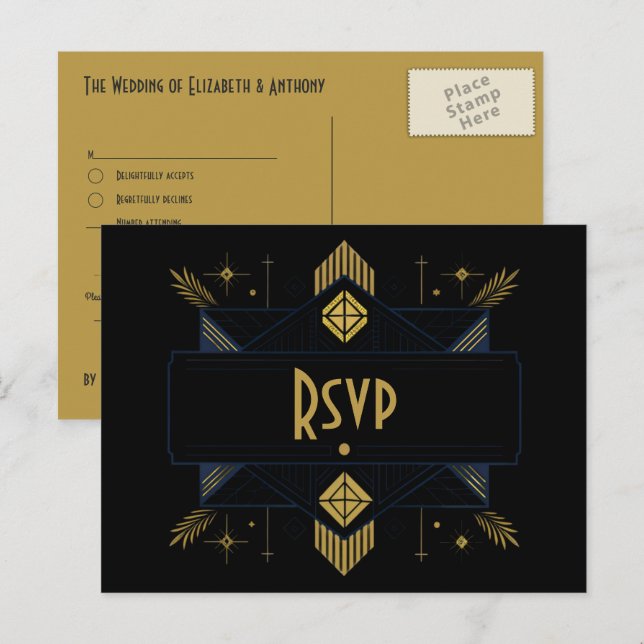 Black & Gold Art Deco Elegant 1920s Gatsby Style Postcard (Front/Back)