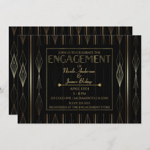 Black & Gold Art Deco Engagement Shower Party Invitation