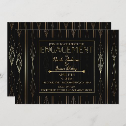 Black  Gold Art Deco Engagement Shower Party Invitation