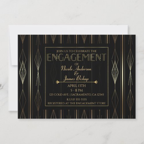 Black  Gold Art Deco Engagement Shower Party Invitation