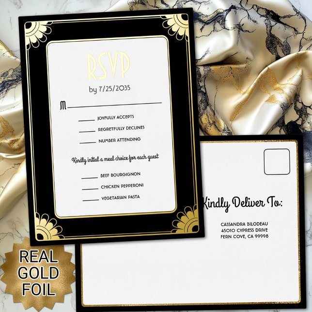 Black Gold Art Deco Flowers Wedding RSVP Reply Foil Invitation Postcard (Creator Uploaded)