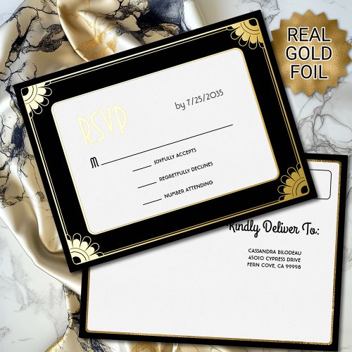 Black Gold Art Deco Fun Floral Wedding RSVP Return Foil Invitation Postcard