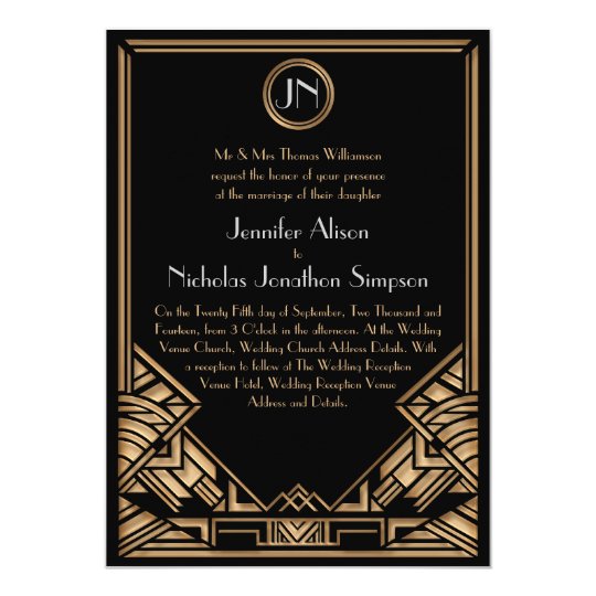 border template gatsby Deco  Invites Black Wedding Zazzle Art Gatsby Style Gold