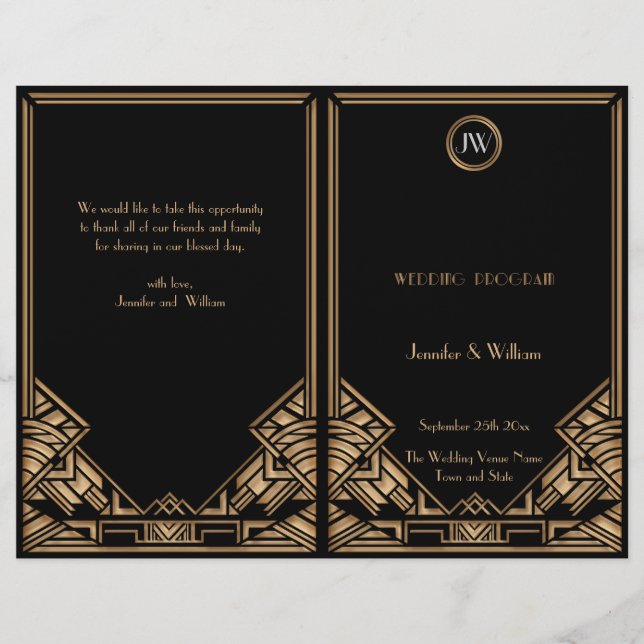 Black Gold Art Deco Gatsby Style Wedding Program (Front)