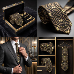 Black Gold Art Deco Geometric Monogram Neck Tie