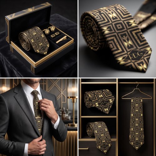 Black Gold Art Deco Geometric Monogram Neck Tie