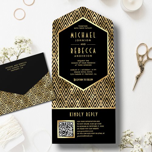 Black Gold Art Deco Geometric QR Code Wedding All In One Invitation