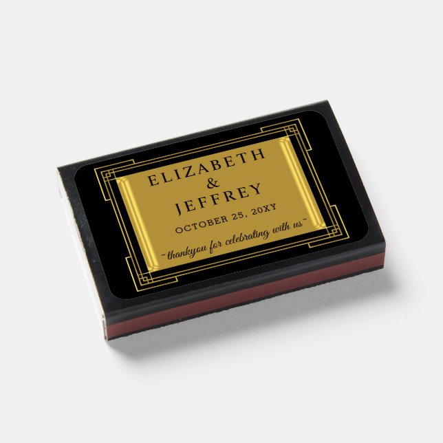 Black Gold Art Deco Great Gatsby Wedding Matchboxes (Front Closed)