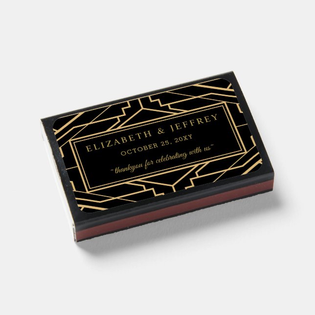 Black Gold Art Deco Great Gatsby Wedding Matchboxes (Front Closed)