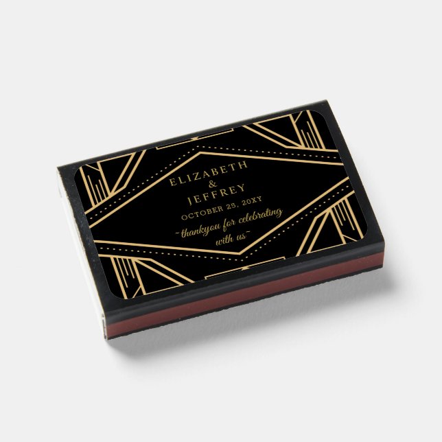 Black Gold Art Deco Great Gatsby Wedding Matchboxes (Front Closed)
