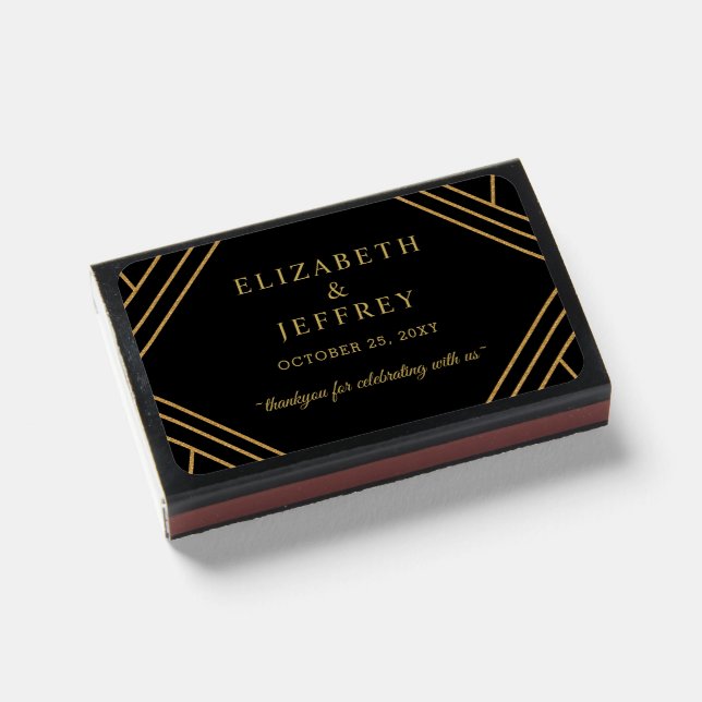 Black Gold Art Deco Great Gatsby Wedding Matchboxes (Front Closed)