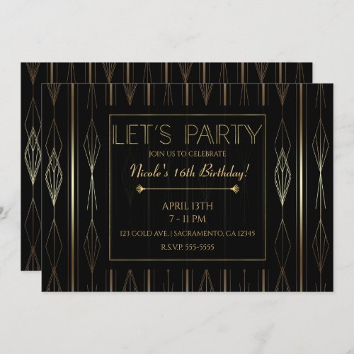 Black  Gold Art Deco Lets Party Birthday Invitation