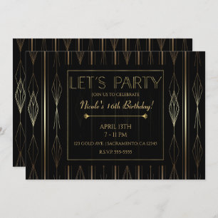 Black & Gold Art Deco Let's Party Birthday Invitation