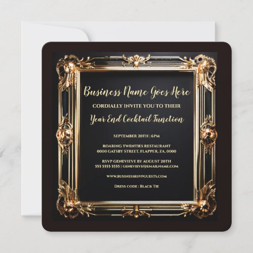 Black gold art deco minimalist frame black tie invitation