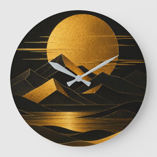 Black & Gold Art Deco Mountain Landscape Clock (Front)