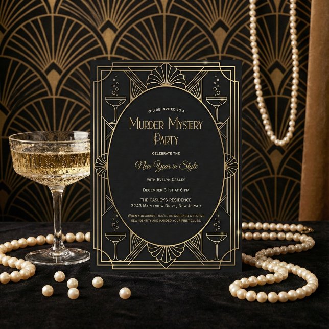 Black Gold Art Deco Murder Mystery New Year Party Invitation (Art Deco New Year’s Eve Party – Black & Gold, Champagne, Personalized)
