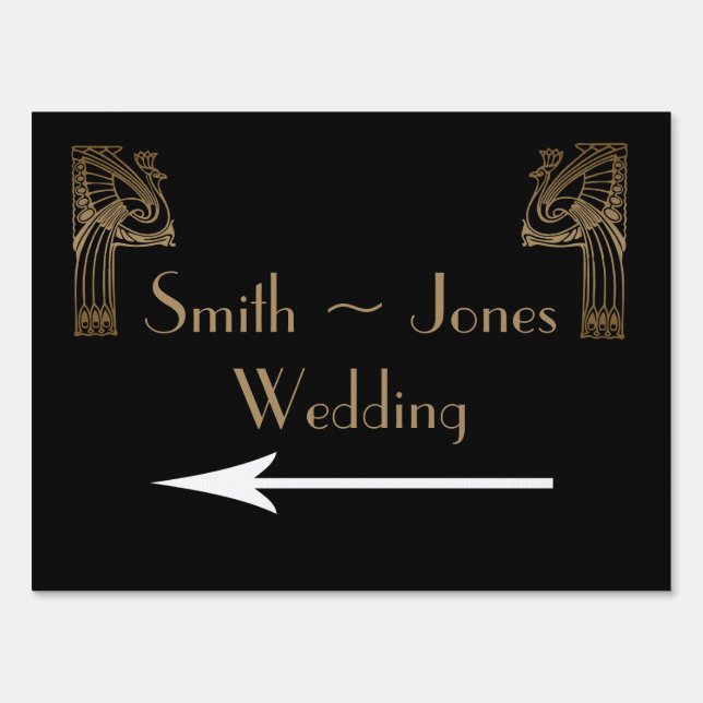 Black Gold Art Deco Peacock Wedding Direction Sign (Front)