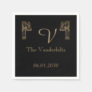 Black Gold Art Deco Peacock Wedding Paper Napkins