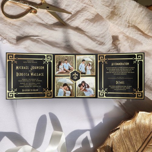 Black Gold Art Deco Photo Collage Wedding Tri_Fold Invitation