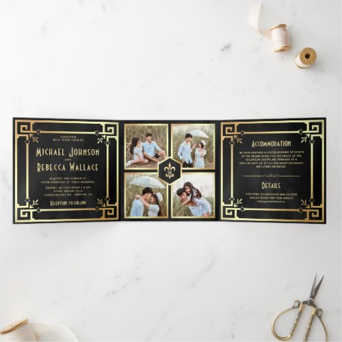 Black Gold Art Deco Photo Collage Wedding Tri_Fold Invitation