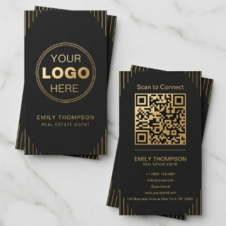 Black Gold Art Deco QR Code Elegant Minimal Design Business Card