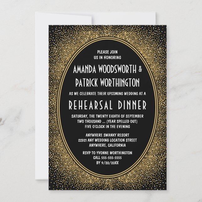 Black & Gold Art Deco Rehearsal Dinner Invitations (Front)