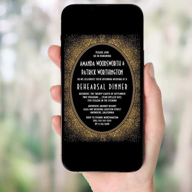 Black & Gold Art Deco Rehearsal Dinner Invitations (Front Digital)