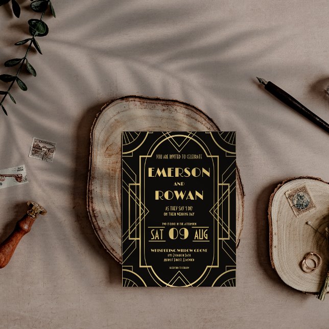 Black & Gold Art Deco Roaring 20s Custom Invitation (Classic Art Deco in Gold and black Wedding Invitaion)