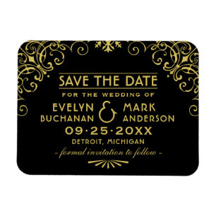 Black Gold Art Deco Scrollwork Save Date Magnet
