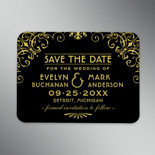 Black Gold Art Deco Scrollwork Save Date Magnet