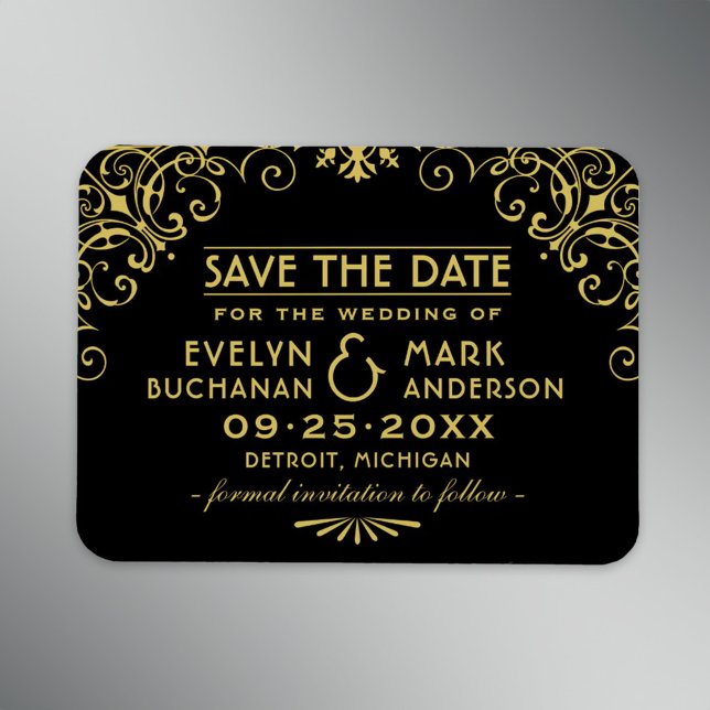 Black Gold Art Deco Scrollwork Save Date Magnet (Creator Uploaded)