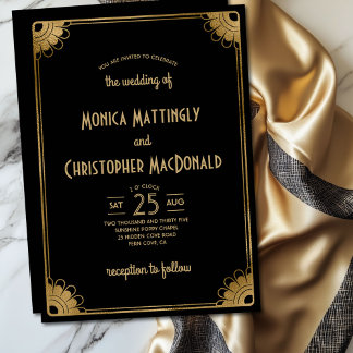 Black Gold Art Deco Simple Vintage Floral Wedding Invitation