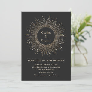Black Gold Art Deco Sunburst Wedding Glamorous Invitation