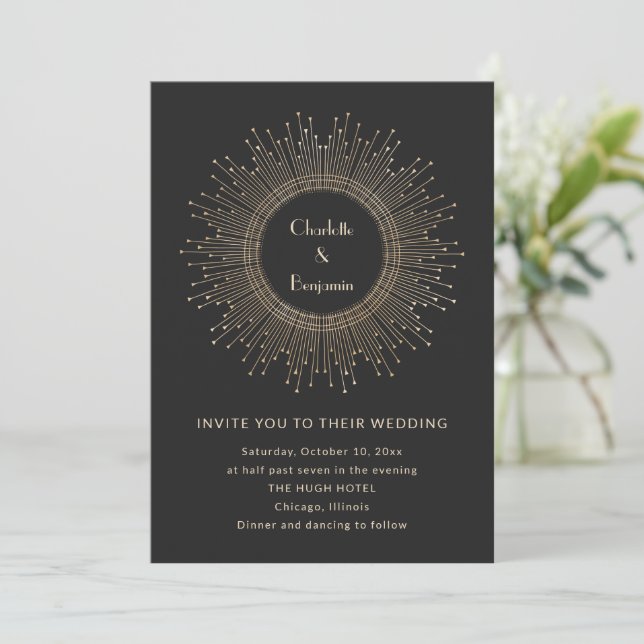 Black Gold Art Deco Sunburst Wedding Glamorous Invitation (Standing Front)