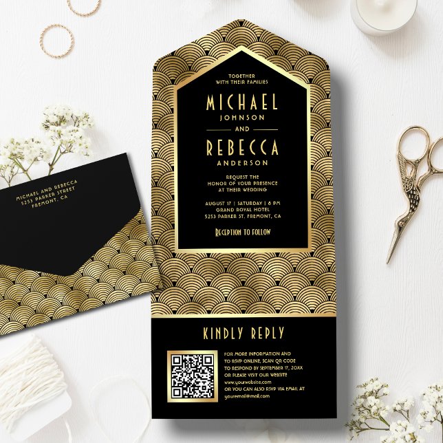 Black Gold Art Deco Waves Pattern QR Code Wedding All In One Invitation (Creator Uploaded)