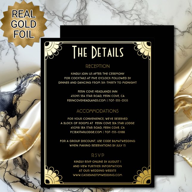 Black Gold Art Deco Wedding Details Enclosure Card (Vintage black and gold art deco retro floral wedding details enclosure card with real gold foil)