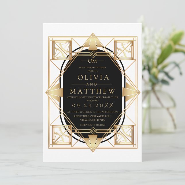 Black & Gold Art Deco Wedding Invitation  (Standing Front)