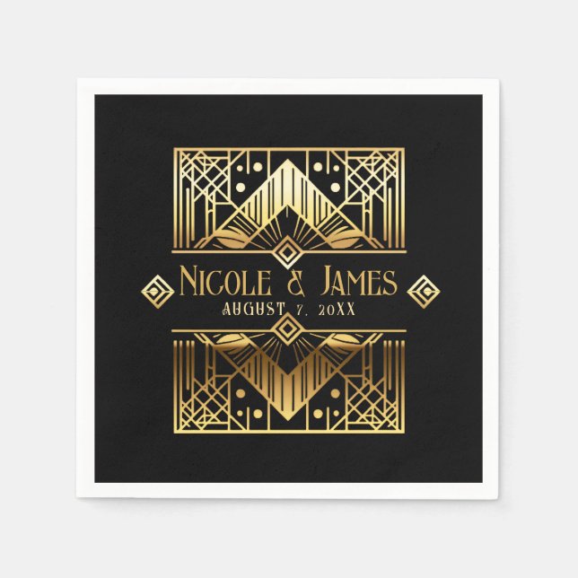 Black & Gold Art Deco Wedding  Napkins (Front)