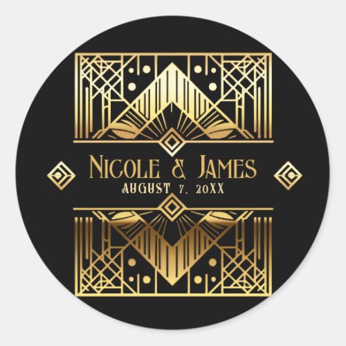 Black  Gold Art Deco Wedding Thank You Classic Round Sticker