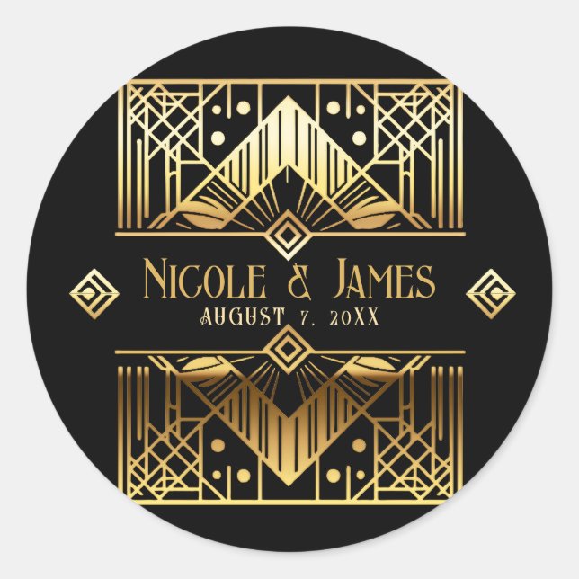Black & Gold Art Deco Wedding Thank You Classic Round Sticker (Front)