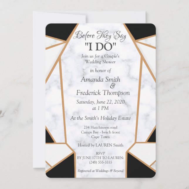 Black Gold Art \ White Marble Wedding Shower Invitation (Front)