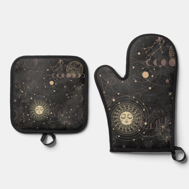 Black Gold Astrological Pattern Oven Mitt & Pot Holder Set (Front)