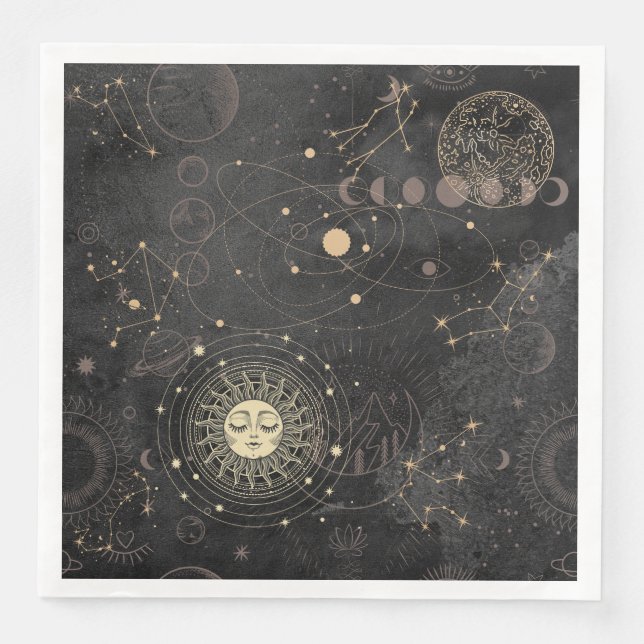 Black Gold Astrological Pattern Paper Dinner Napkins (Front)
